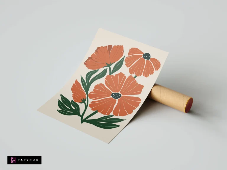 Bohemian style terracotta poppy flower art print with green leaves on cream background.