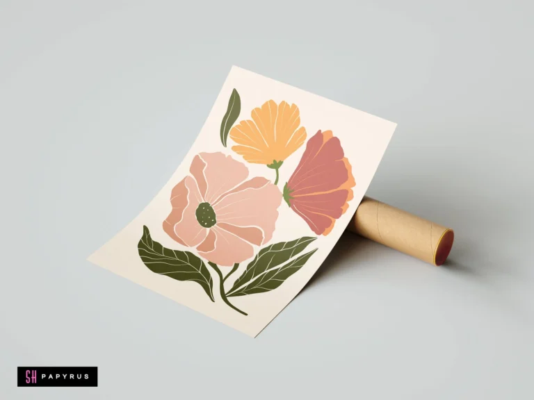 Bohemian floral print with three abstract flowers in warm pink, yellow, and terracotta tones.