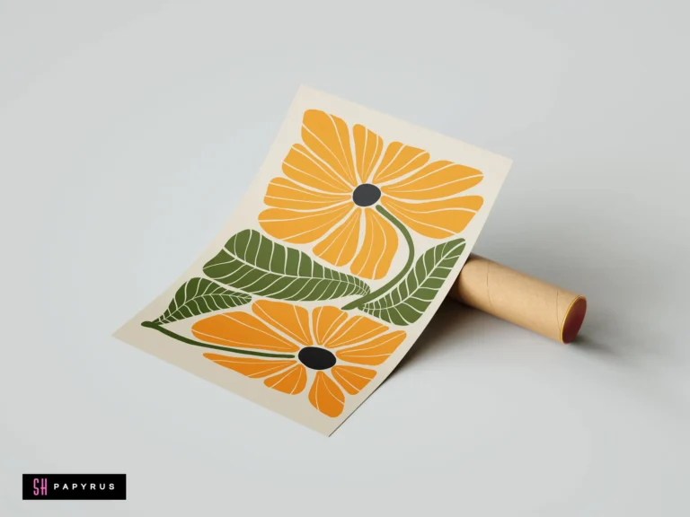 Bohemian art print with bold golden orange daisies and olive green leaves on cream.