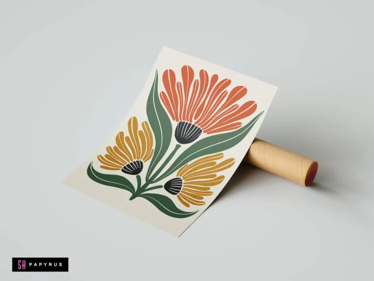 Symmetrical Art Deco floral print featuring orange and yellow flowers with green leaves.