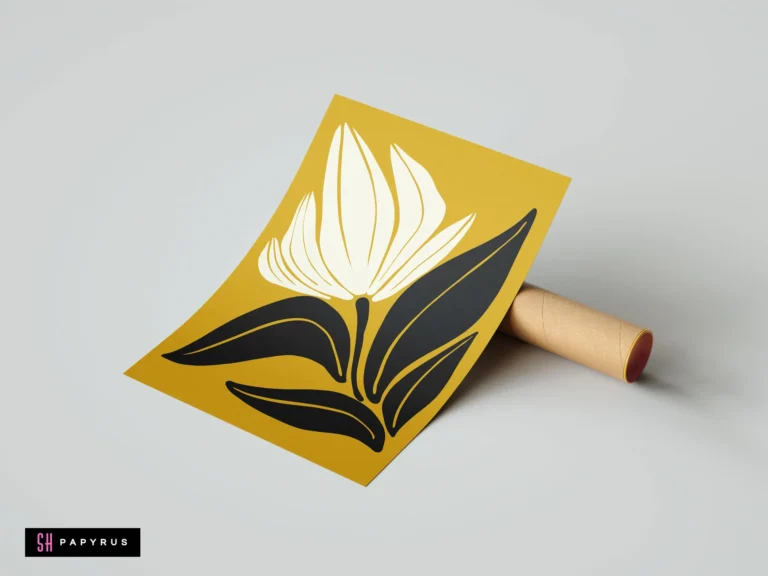 Minimalist bohemian floral art featuring a cream flower and black leaves on a yellow background.