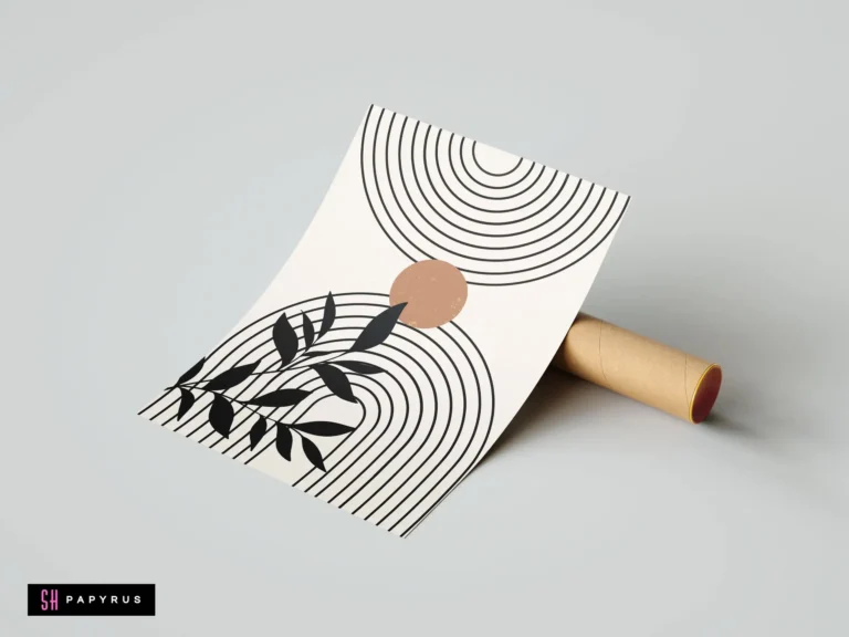 Minimalist geometric print with a terracotta sun, black leaves, and concentric arches.