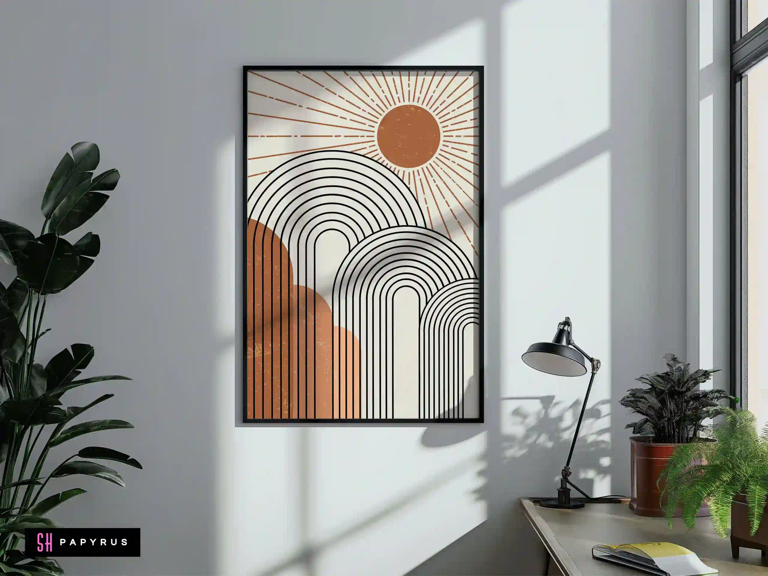 Warm Terracotta Sun and Arches Geometric Wall Art