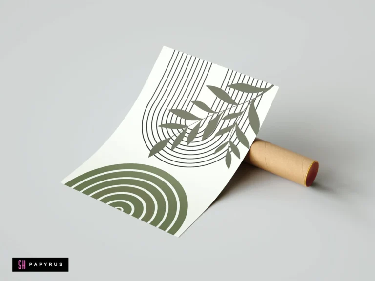 Minimalist bohemian art print with sage green leaves and geometric arches.