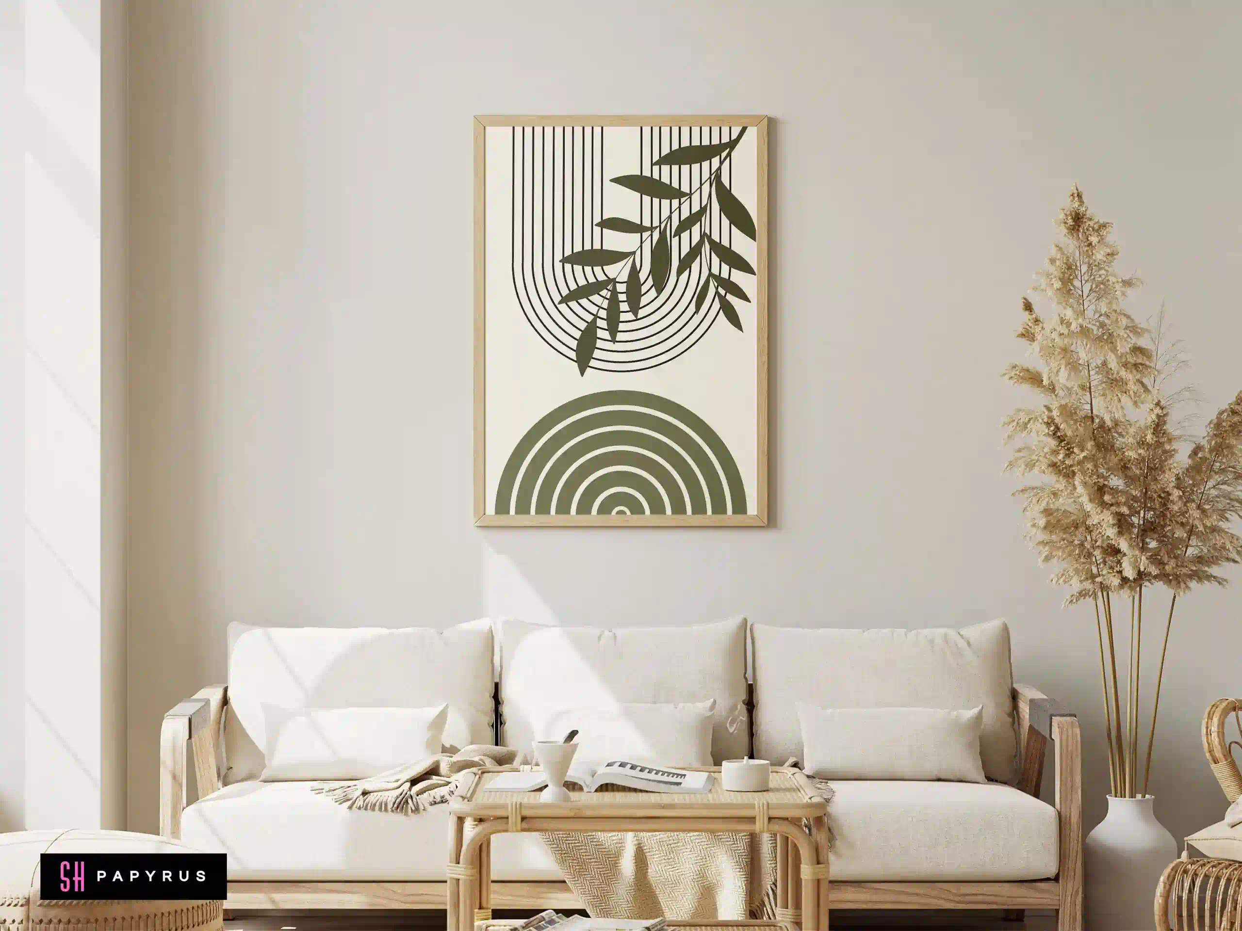 Harmonious Sage Green Geometric Leaf and Arch Art