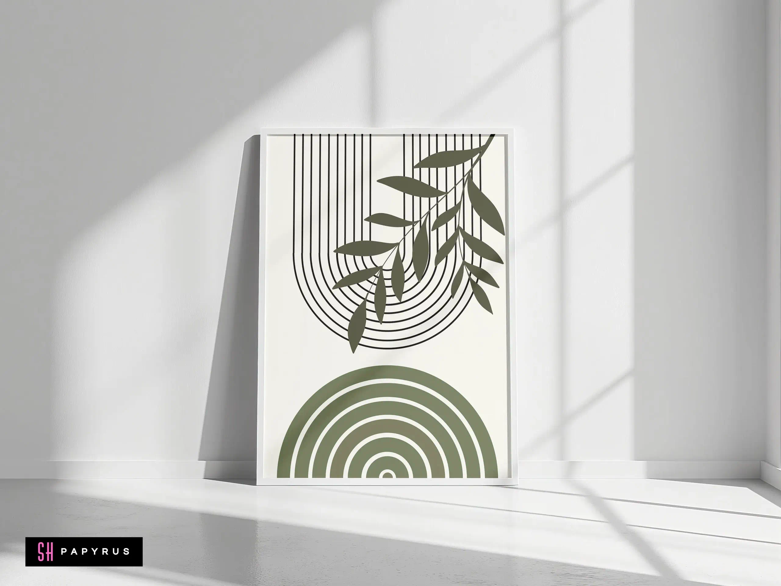 Harmonious Sage Green Geometric Leaf and Arch Art