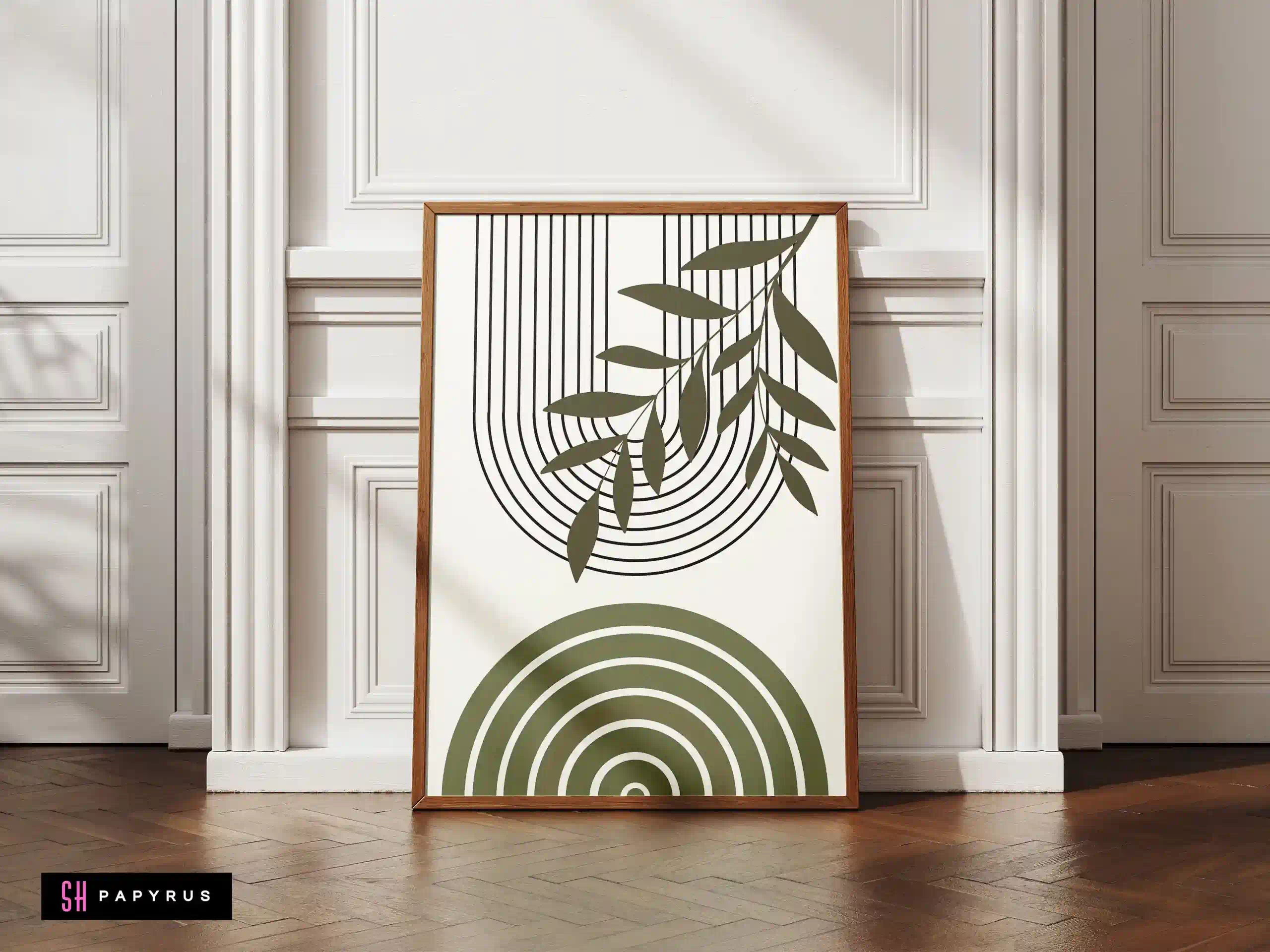 Harmonious Sage Green Geometric Leaf and Arch Art