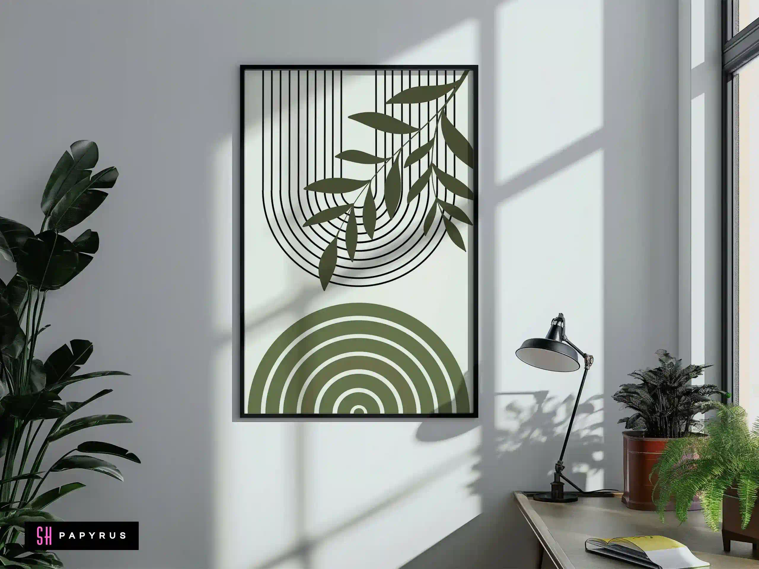 Harmonious Sage Green Geometric Leaf and Arch Art