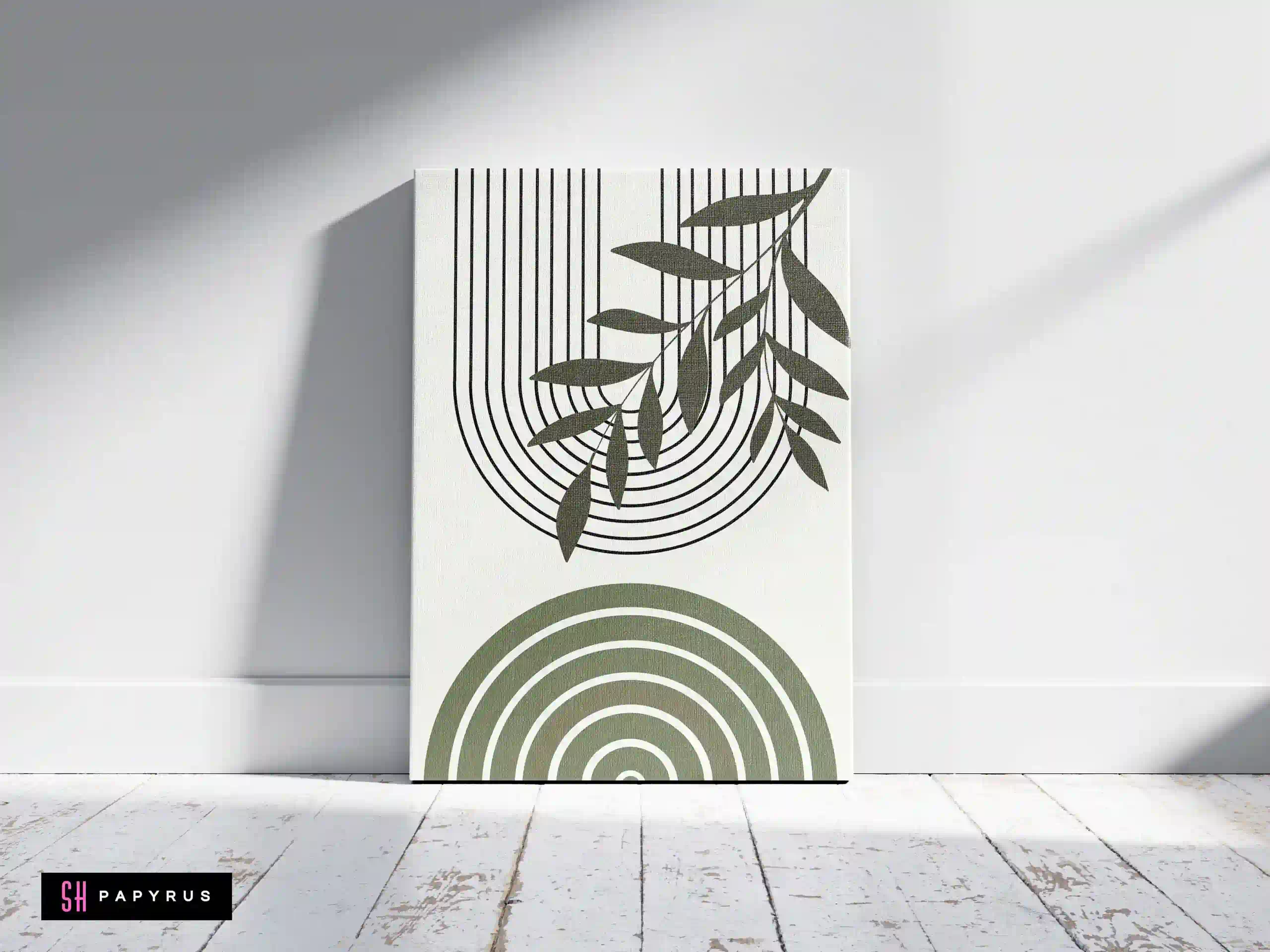 Harmonious Sage Green Geometric Leaf and Arch Art