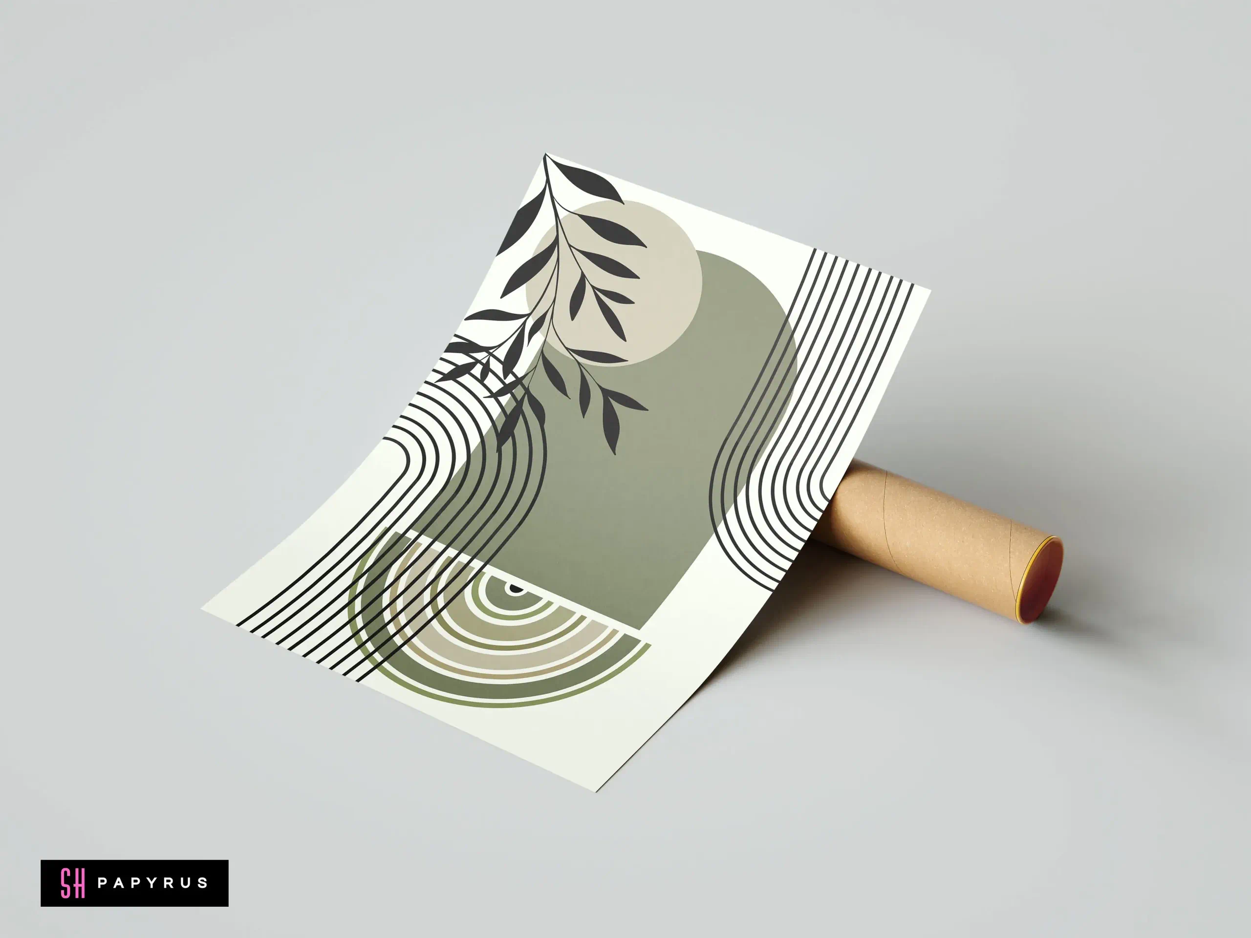 Tranquil Sage Green Geometric Arch and Leaf Art