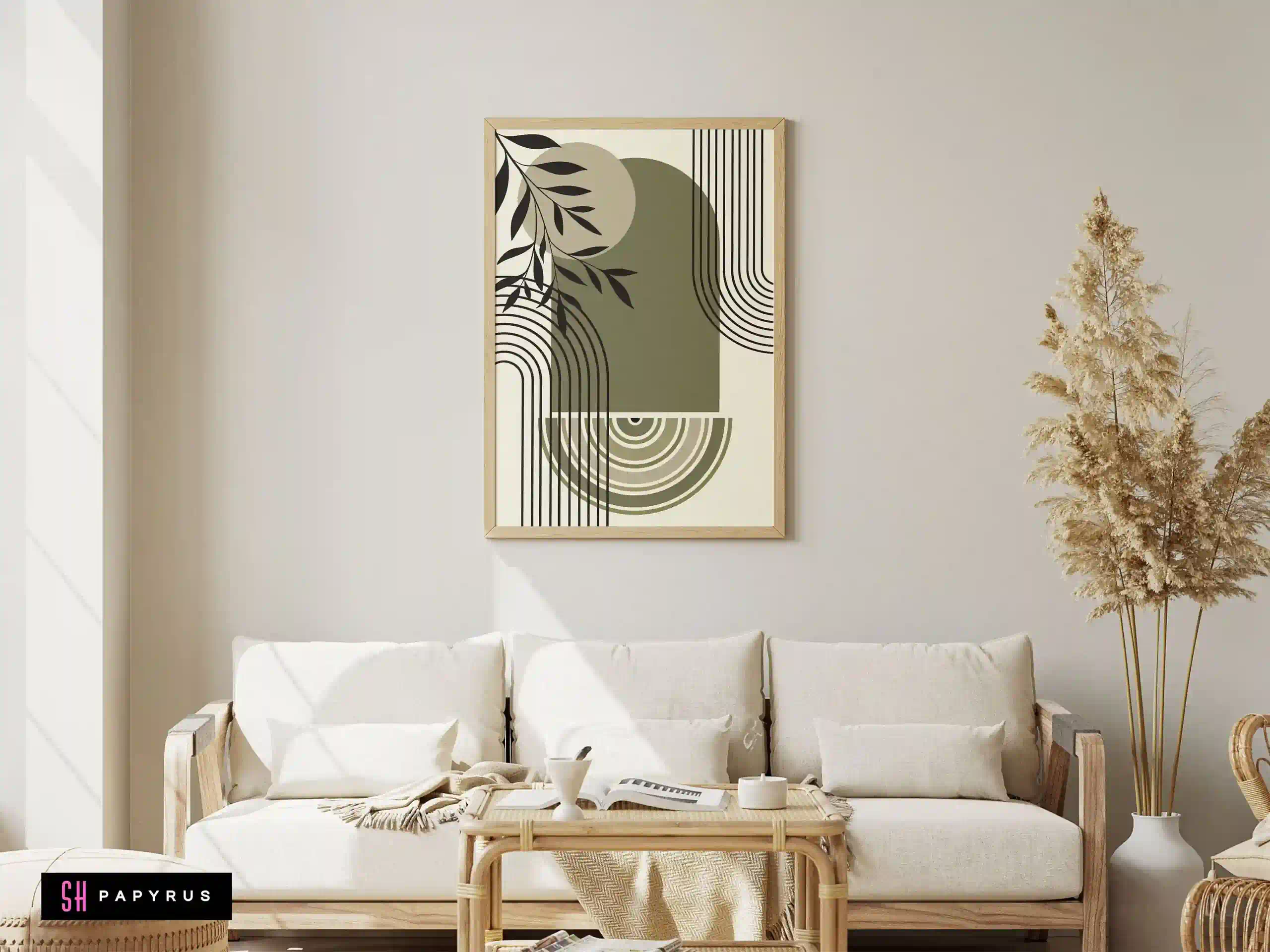 Tranquil Sage Green Geometric Arch and Leaf Art