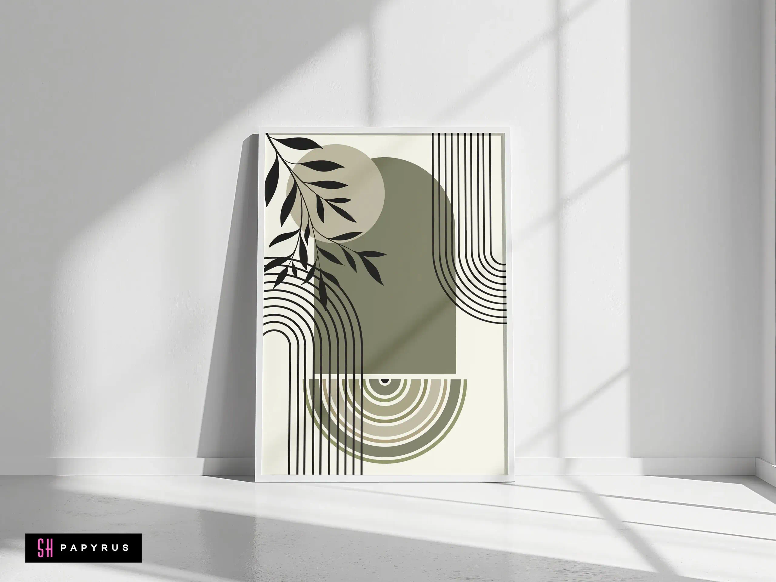 Tranquil Sage Green Geometric Arch and Leaf Art