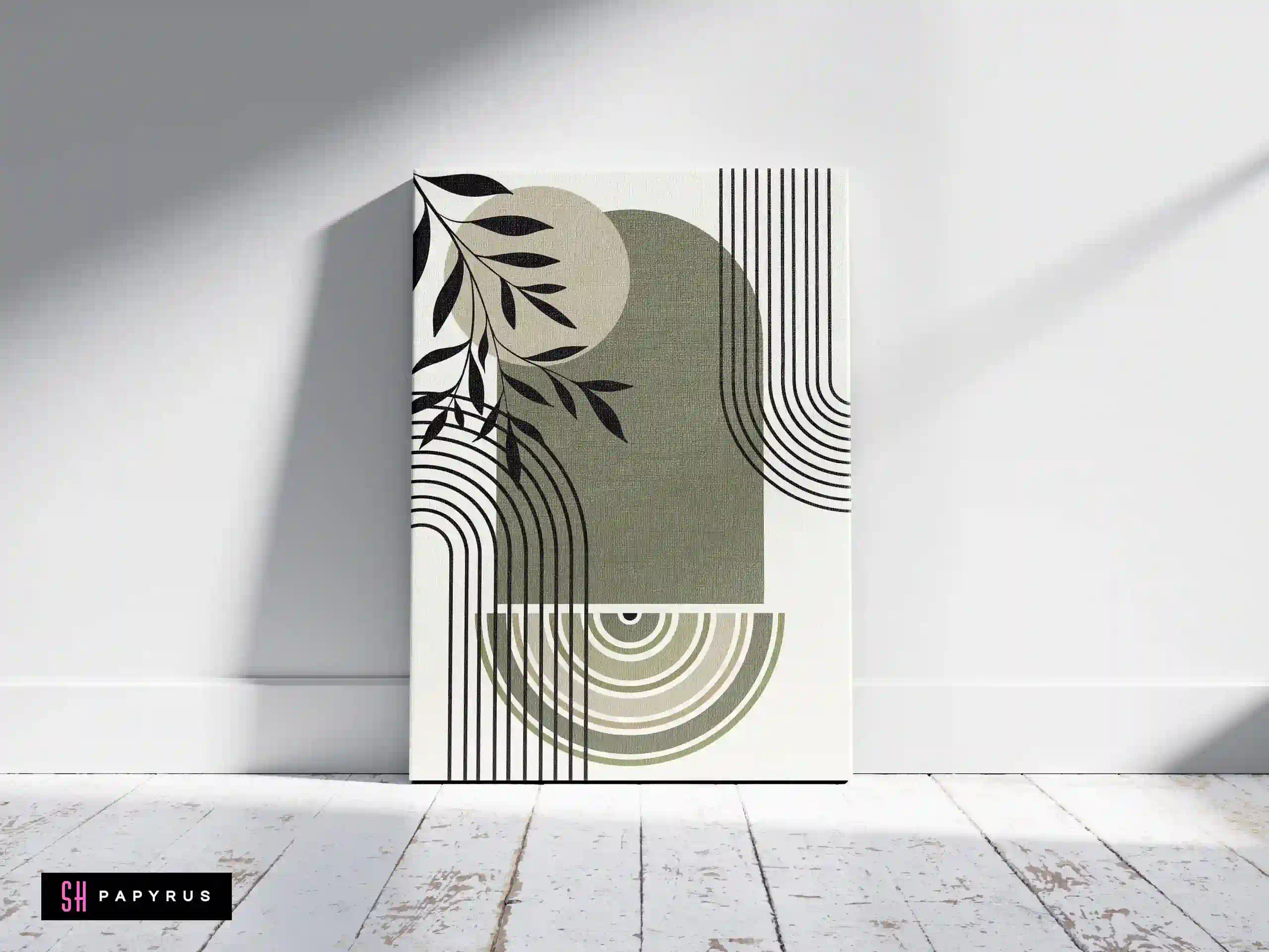 Tranquil Sage Green Geometric Arch and Leaf Art