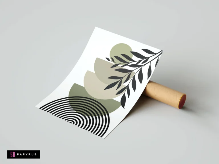 Minimalist bohemian art print with sage green geometric shapes, black arches, and botanical leaf silhouette.