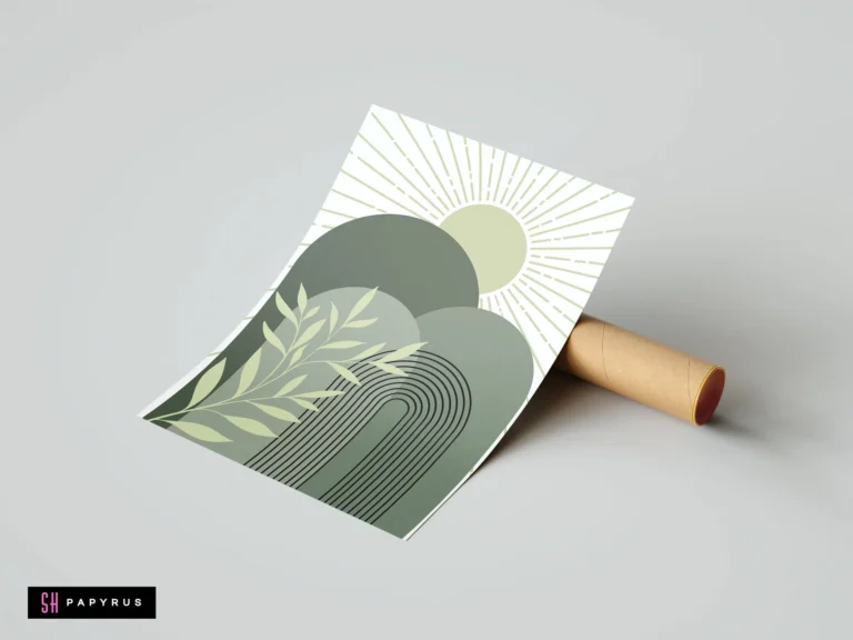 Abstract sage green landscape art with minimalist mountains, sun rays, and botanical leaf motifs.