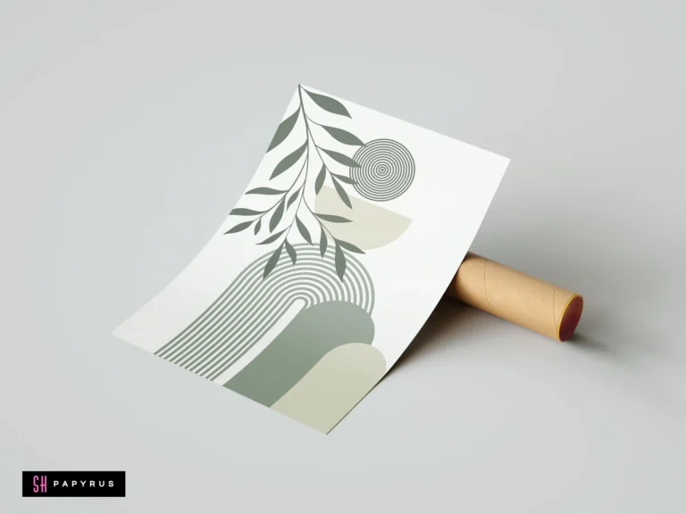 Minimalist bohemian wall art with sage green abstract arches and a botanical leaf branch.
