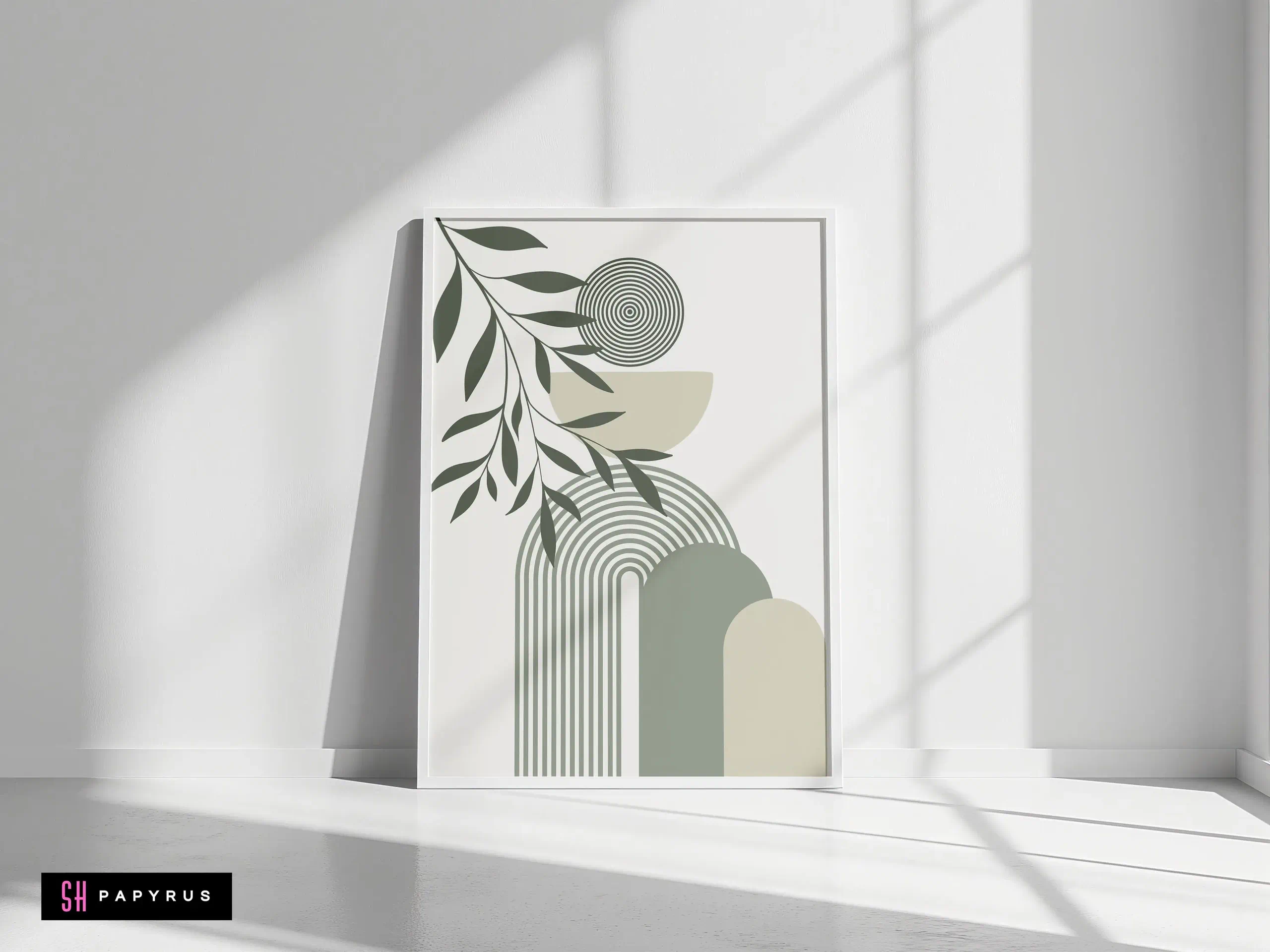 Elegant Sage Green Abstract Arch and Leaf Wall Art