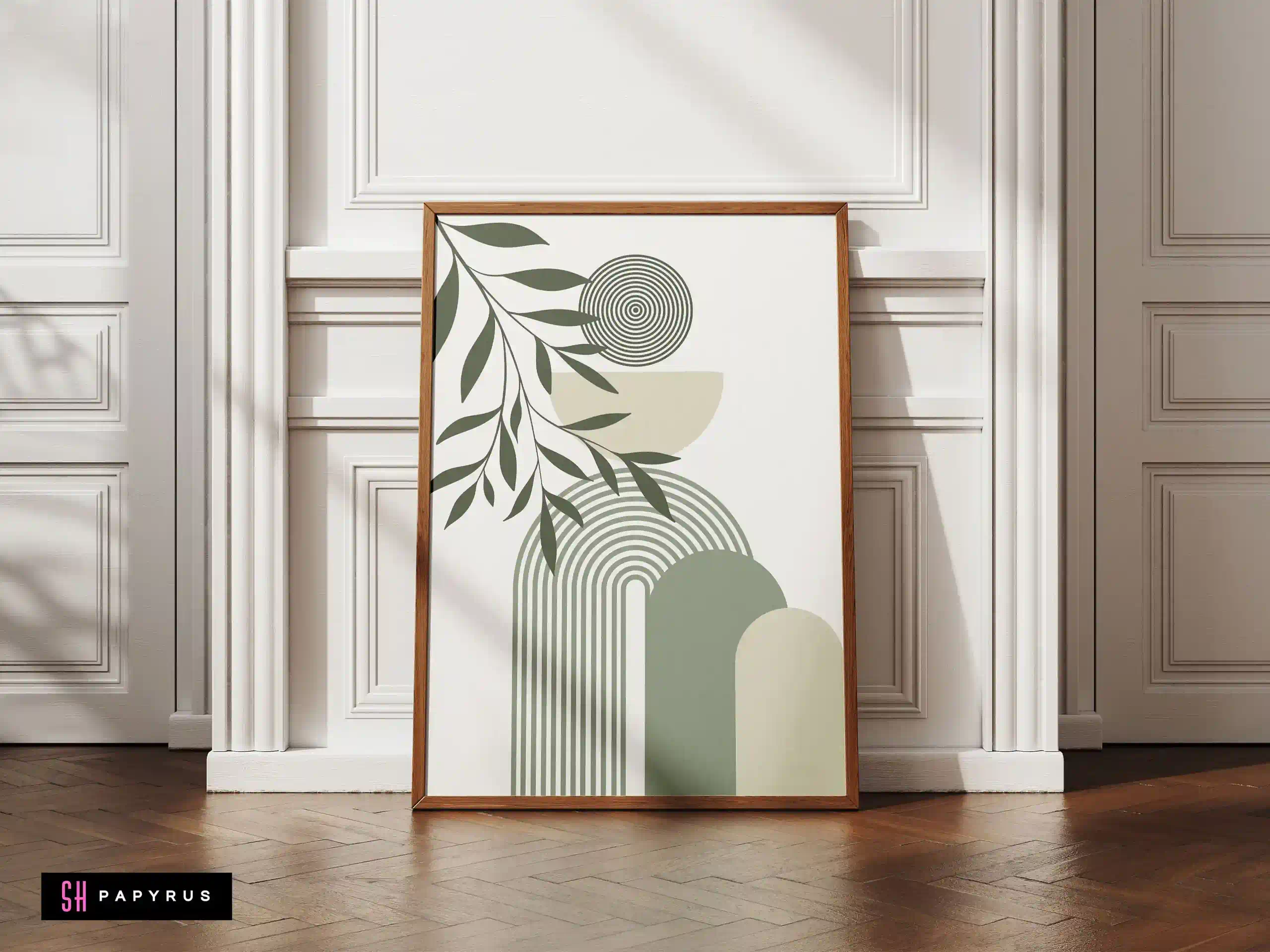 Elegant Sage Green Abstract Arch and Leaf Wall Art
