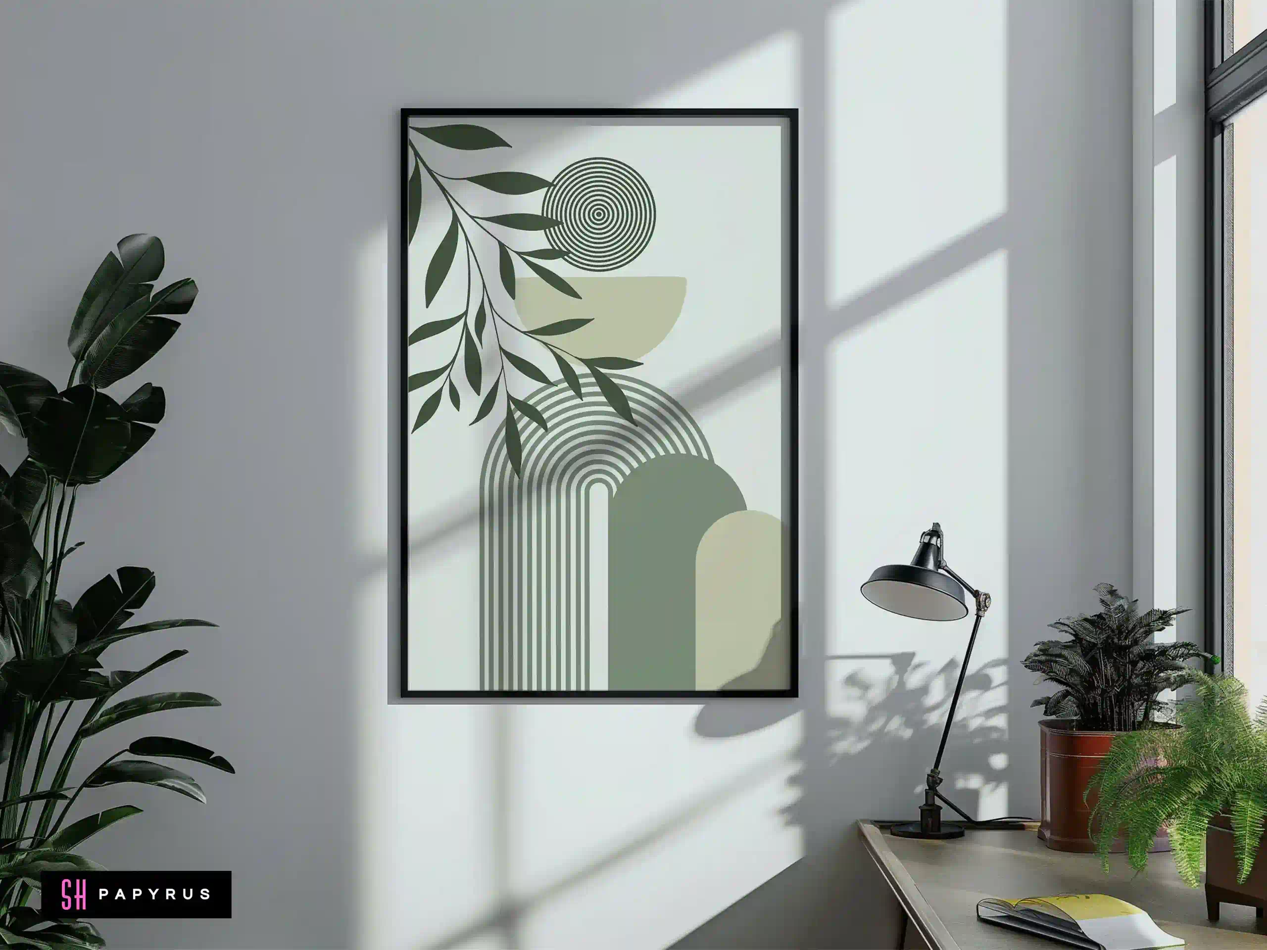 Elegant Sage Green Abstract Arch and Leaf Wall Art