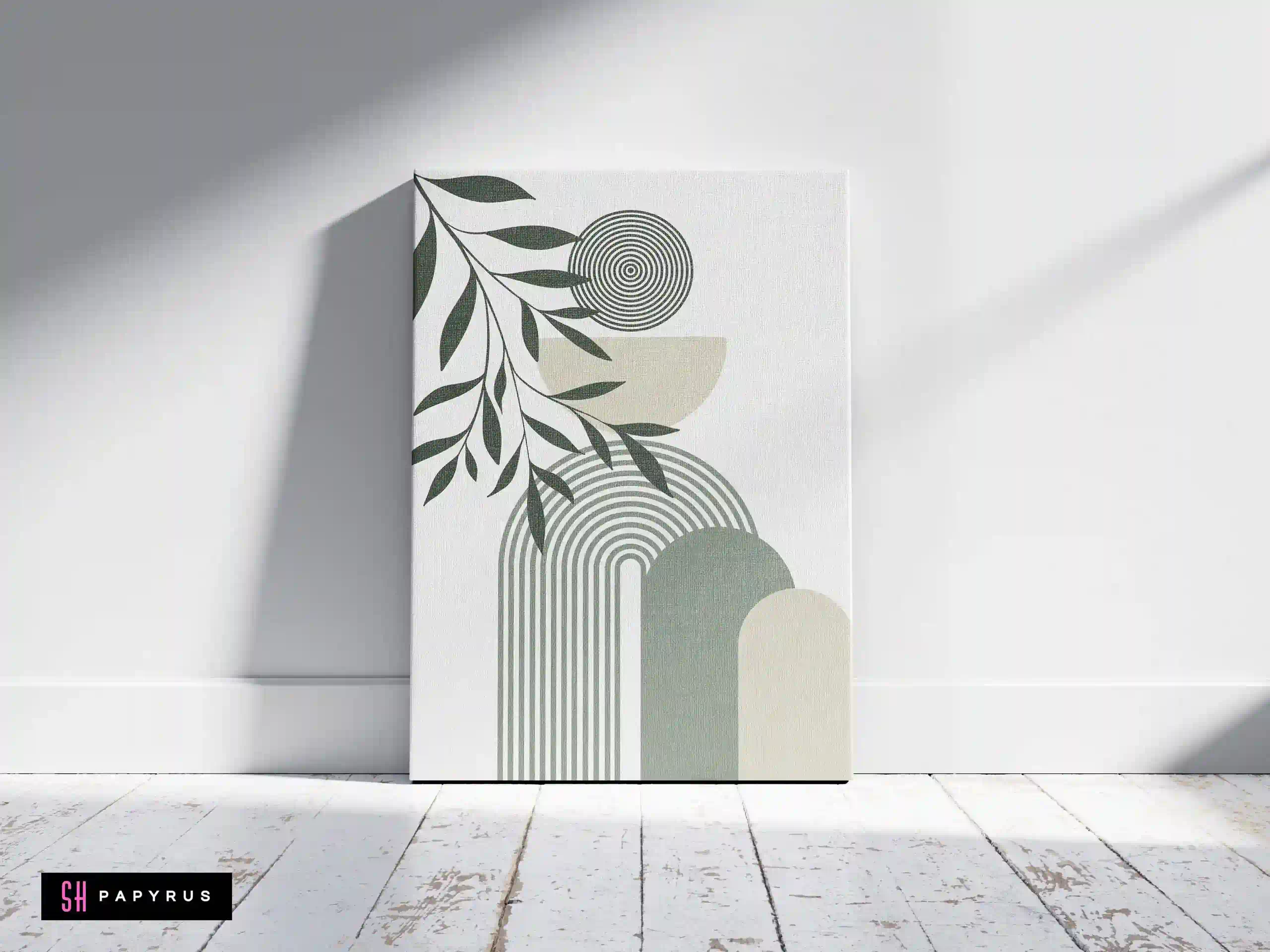 Elegant Sage Green Abstract Arch and Leaf Wall Art