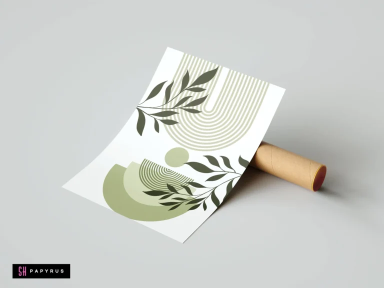 Sage green bohemian wall art featuring geometric arches and botanical leaf illustrations.