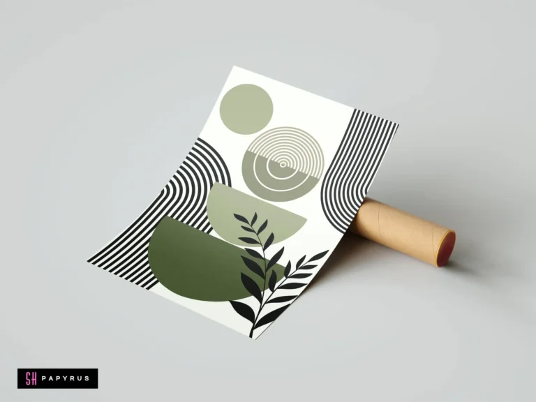 Sage green and black abstract geometric wall art with botanical leaves in bohemian style.