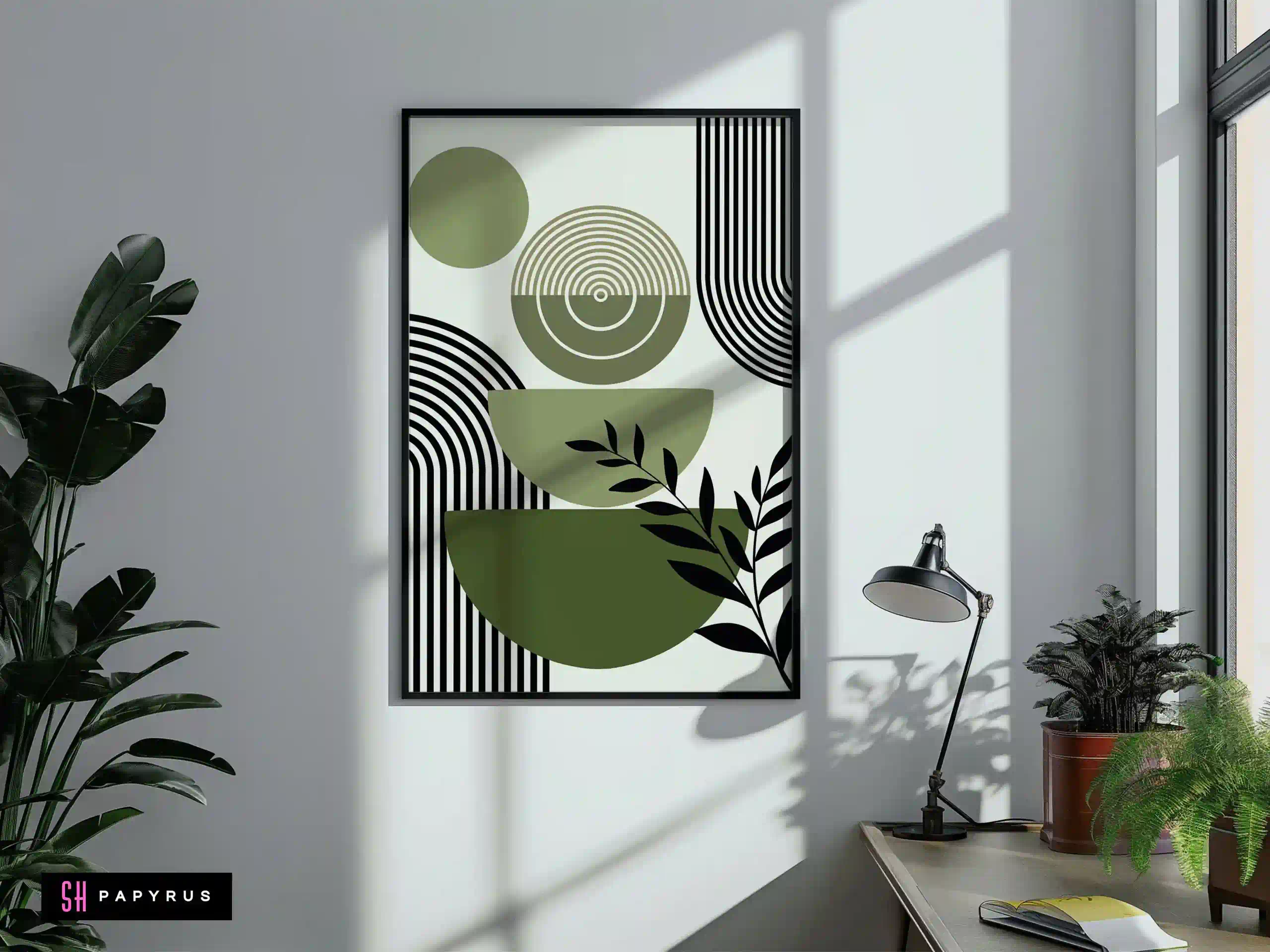 Bold Sage and Black Abstract Geometric Wall Art