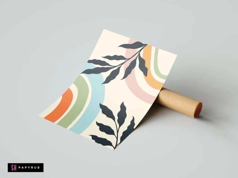 Minimalist bohemian art print featuring pastel rainbow arches and dark leaf silhouettes.