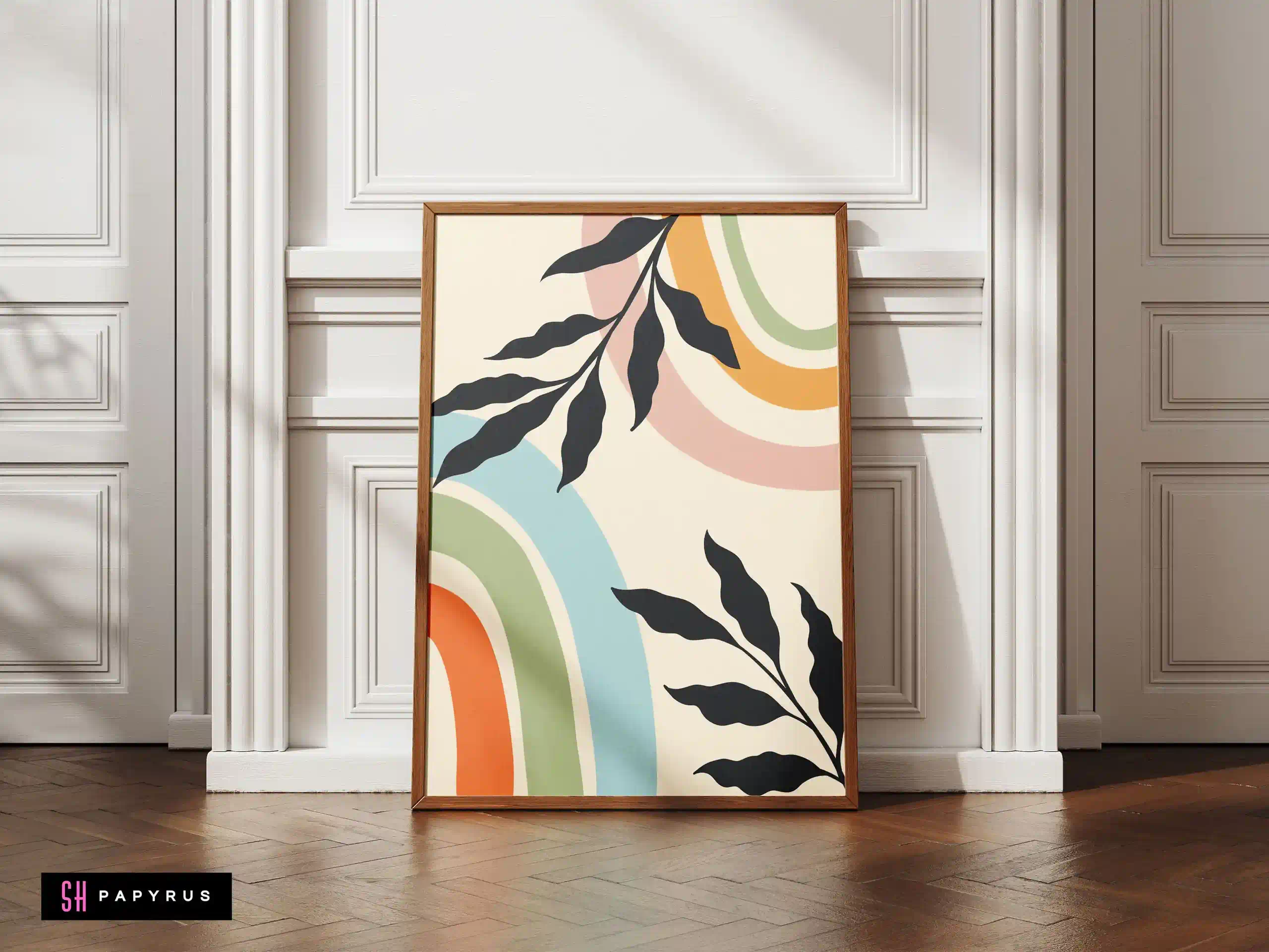 Joyful Pastel Rainbow Arches with Leaf Silhouettes