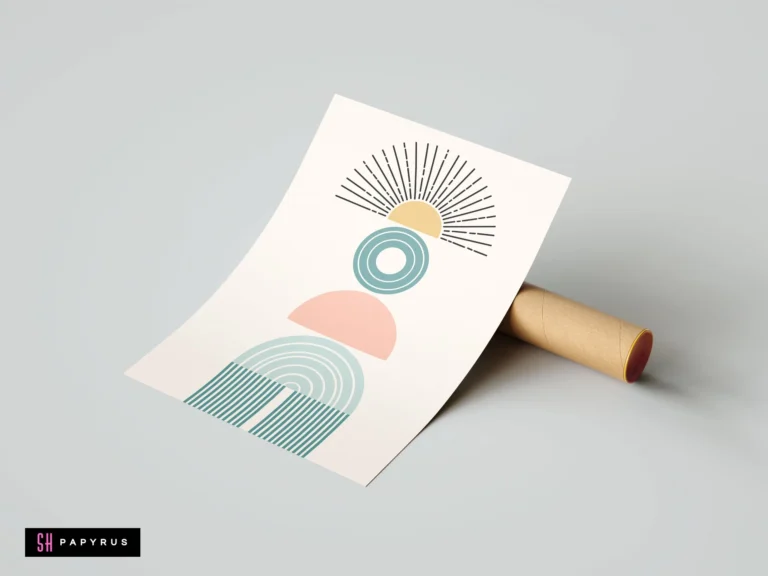 Bohemian geometric totem print with pastel shapes, teal arches, and a yellow sunburst design.