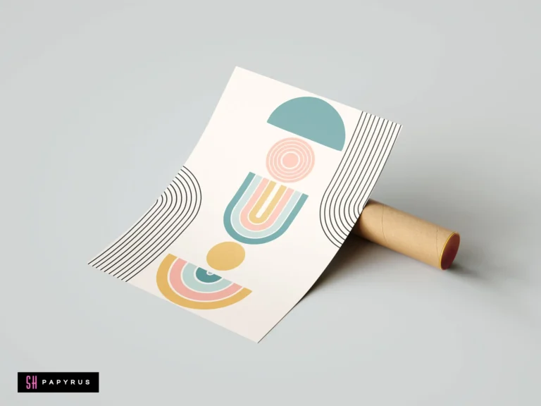 Bohemian abstract art print featuring stacked pastel geometric shapes in teal, pink, and gold.