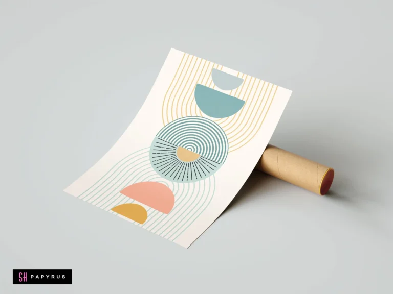 Bohemian abstract art print with teal and gold geometric shapes, semi-circles, and curved lines.