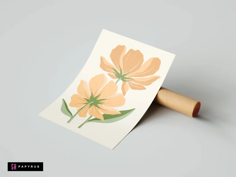 Bohemian minimalist illustration featuring two soft peach cosmos flowers and muted green leaves.