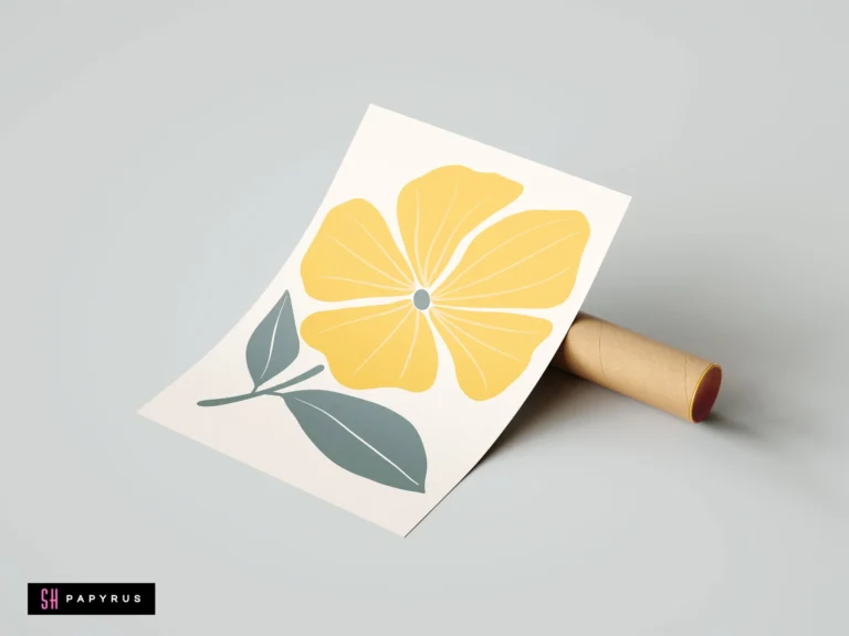 Modern yellow flower wall art with grey leaves in a minimalist bohemian style.