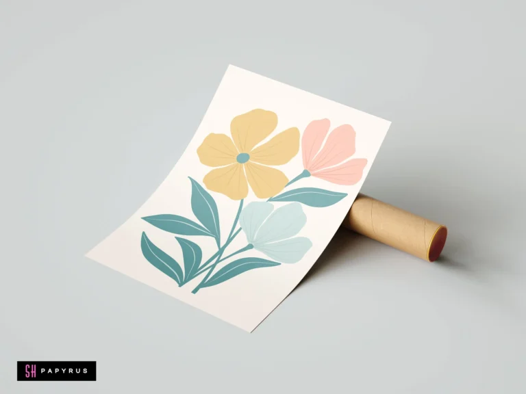 Minimalist bohemian art print featuring pastel yellow, pink, and blue wildflower bouquet illustration.