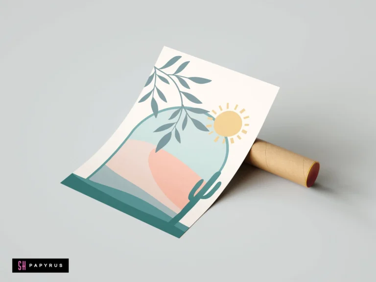 Bohemian minimalist desert archway art with cactus, sun, and foliage in pastel tones.