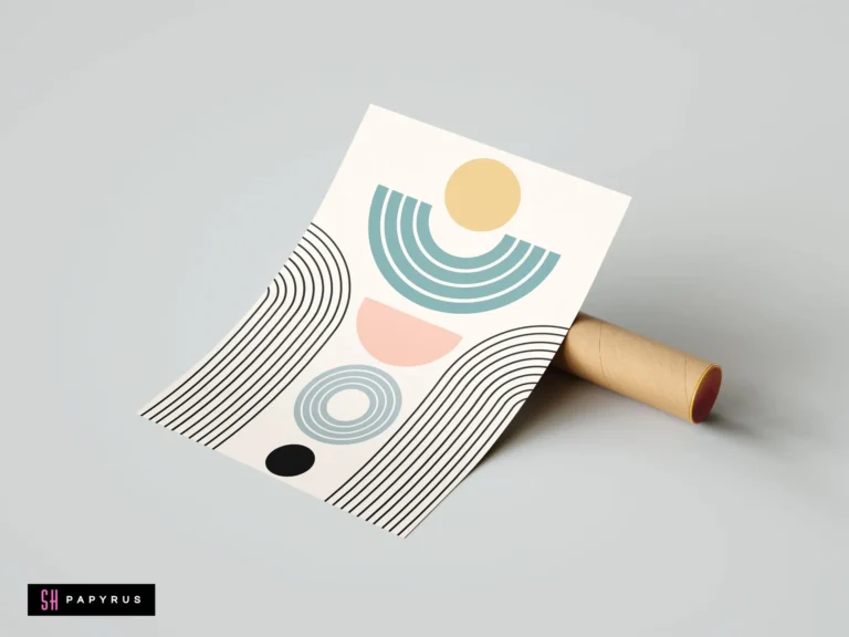 Bohemian abstract geometric art print with teal, pink, and yellow shapes and minimalist black lines.
