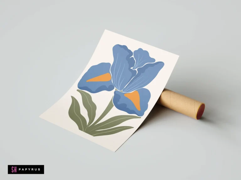 Bohemian art print featuring a bold blue iris with orange accents and green leaves.