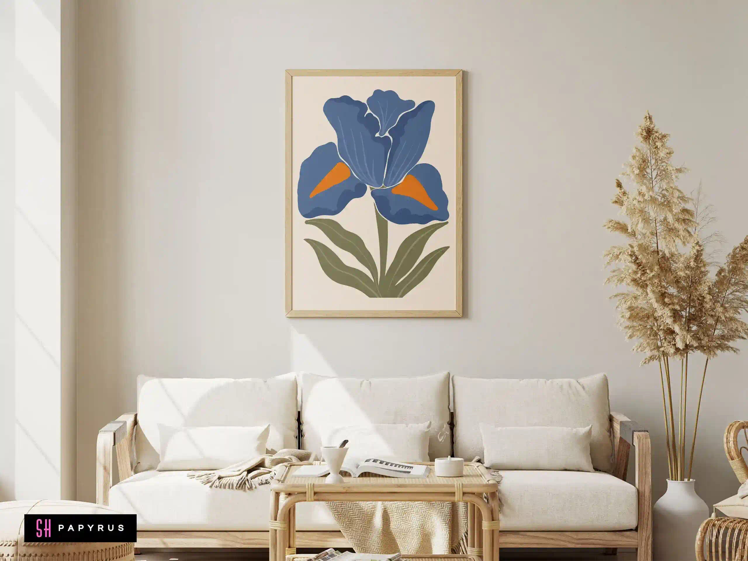 Vivid Bold Blue Iris Art with Orange Accents