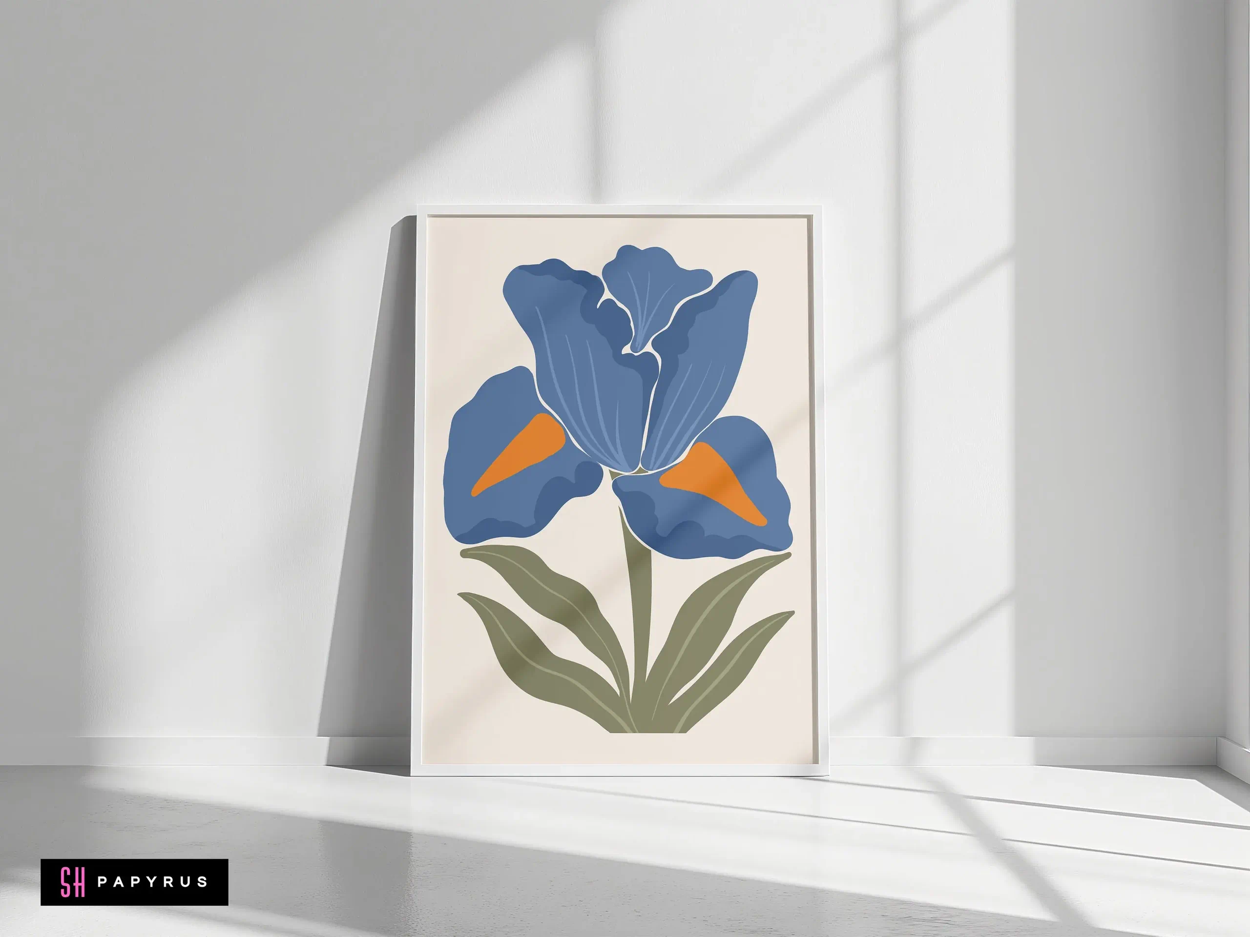 Vivid Bold Blue Iris Art with Orange Accents