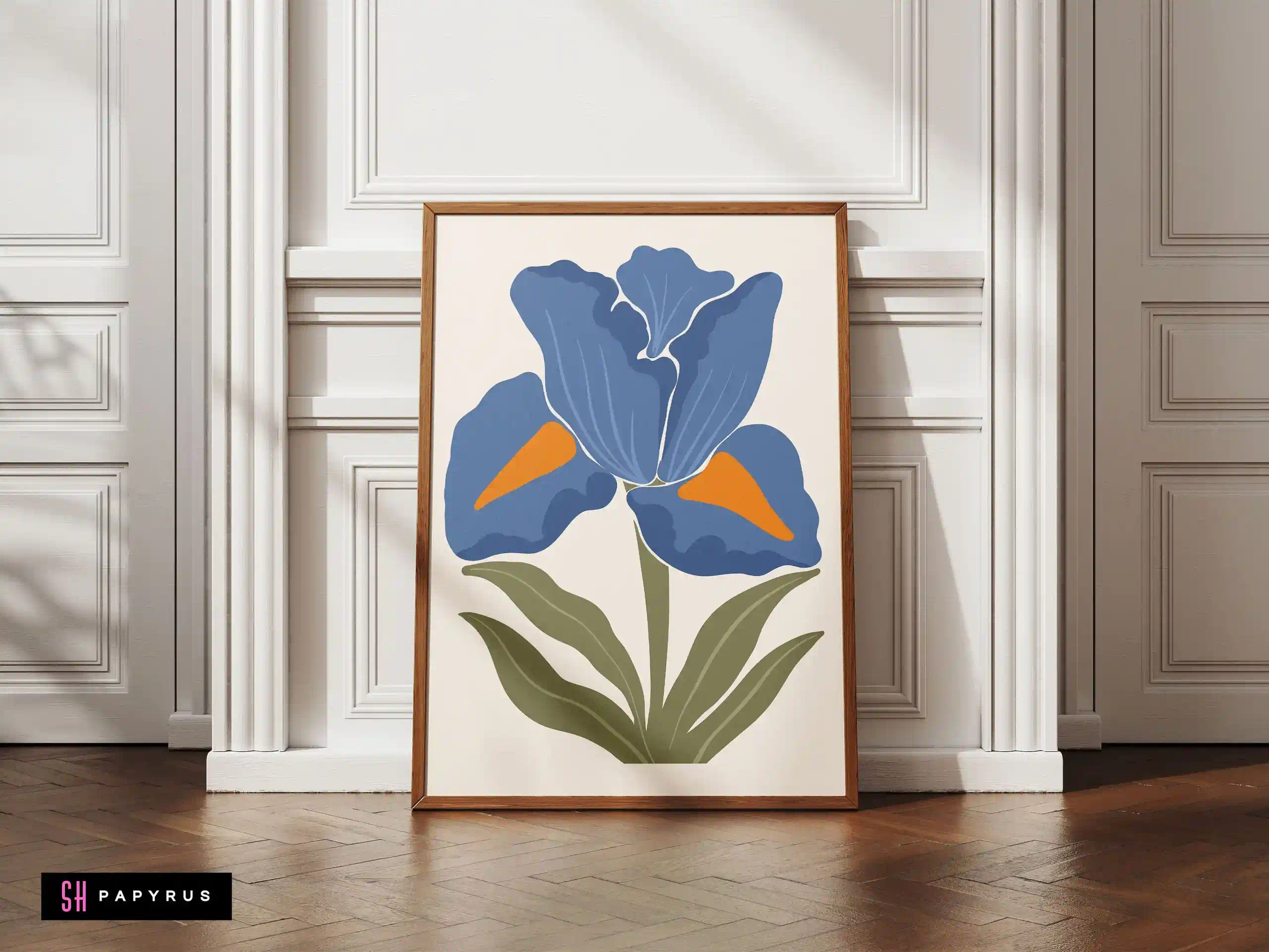 Vivid Bold Blue Iris Art with Orange Accents