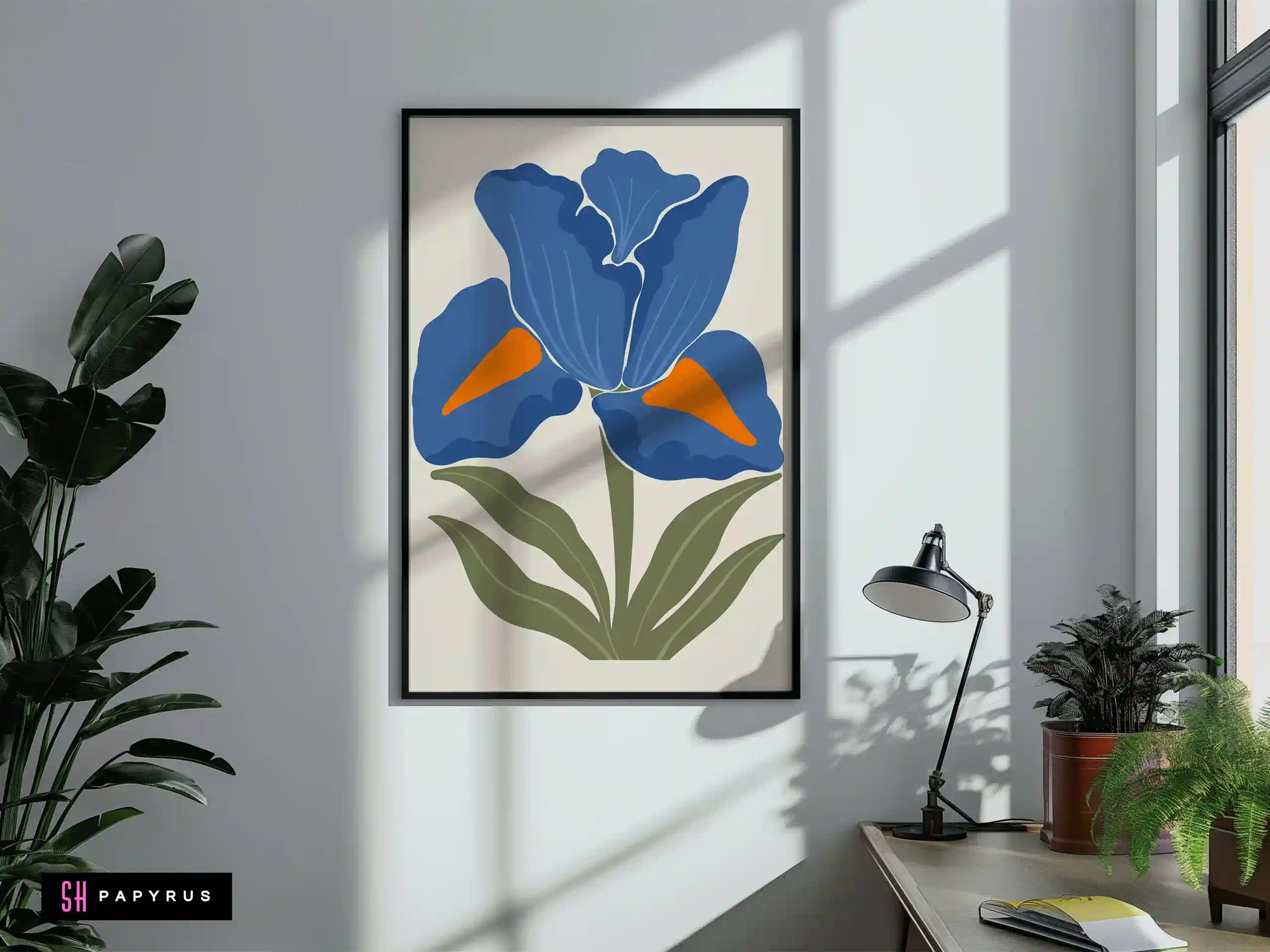 Vivid Bold Blue Iris Art with Orange Accents
