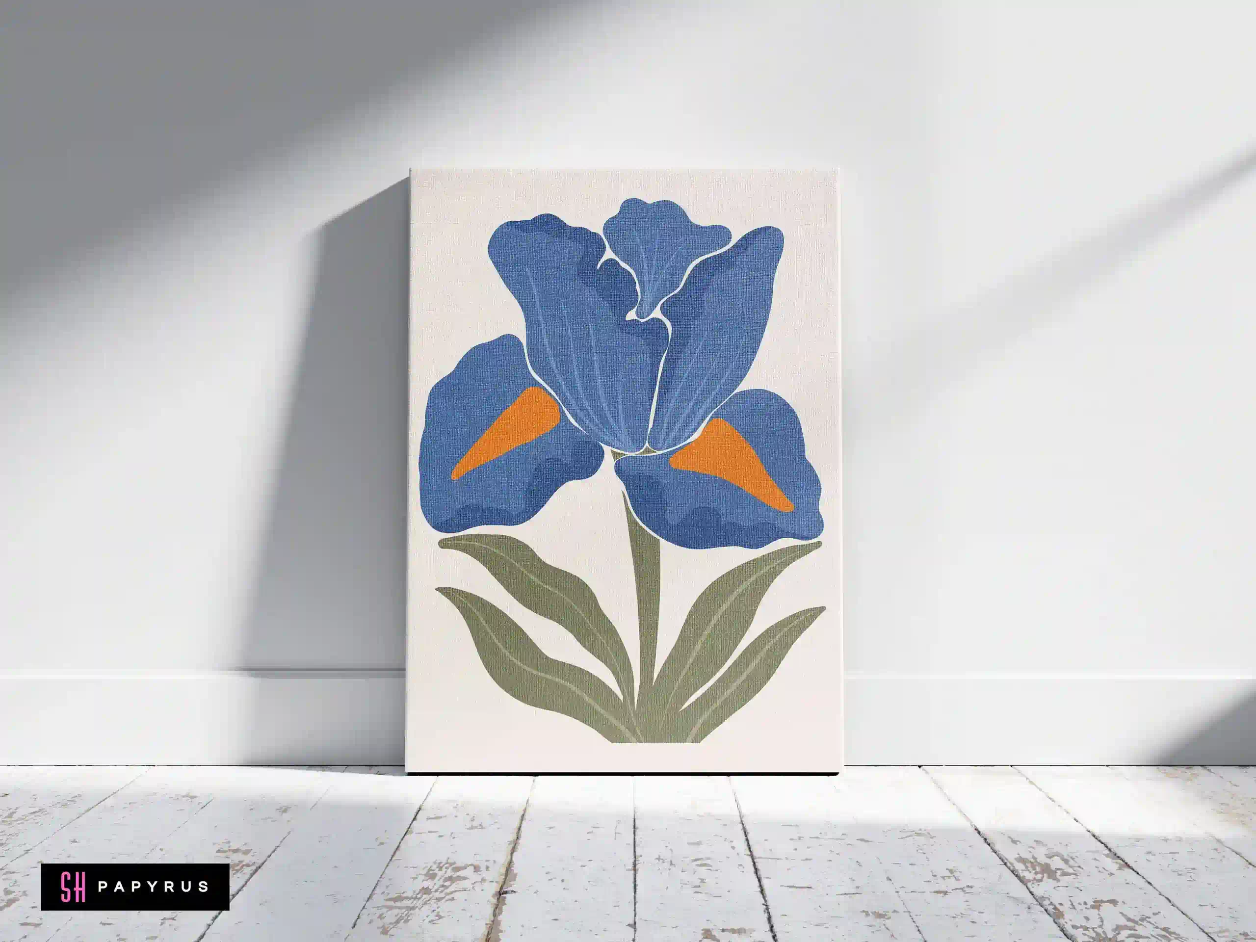 Vivid Bold Blue Iris Art with Orange Accents