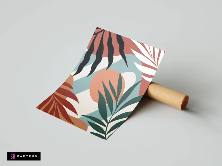 Abstract tropical leaf collage wall art featuring terracotta and sage green bohemian botanical shapes.