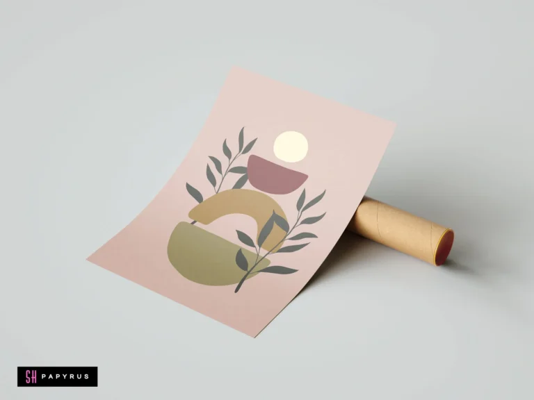 Abstract botanical wall art with balancing geometric shapes and leaves on a dusky rose background.