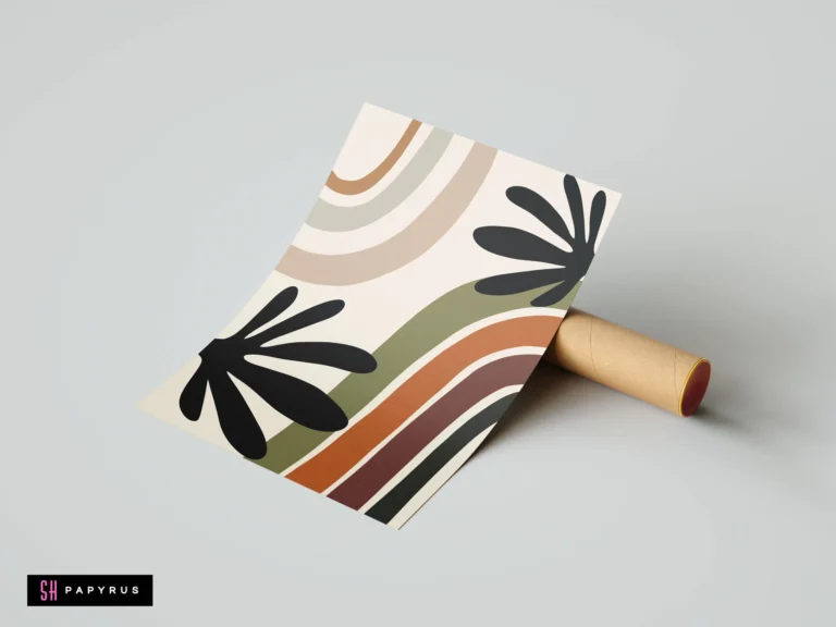 Bohemian wall art featuring minimalist earth-toned rainbows and black botanical leaf silhouettes.