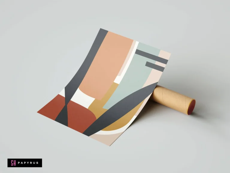 Modern bohemian abstract collage art print with terracotta, mustard, and sage green geometric shapes.