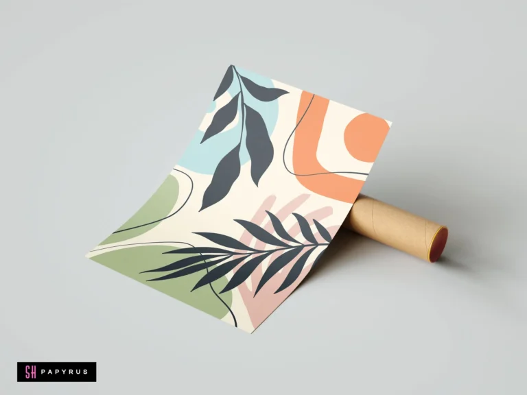 Abstract bohemian art print featuring pastel organic shapes and dark botanical leaf silhouettes.