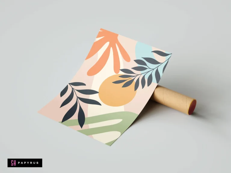 Bohemian abstract art print featuring pastel shapes and botanical leaf illustrations in modern style.