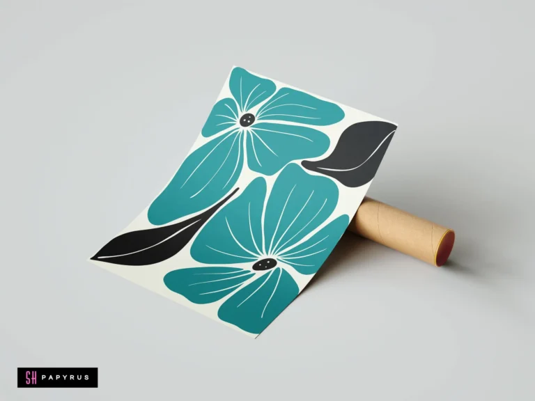 Graphic teal and black floral print in a modern bohemian minimalist style.